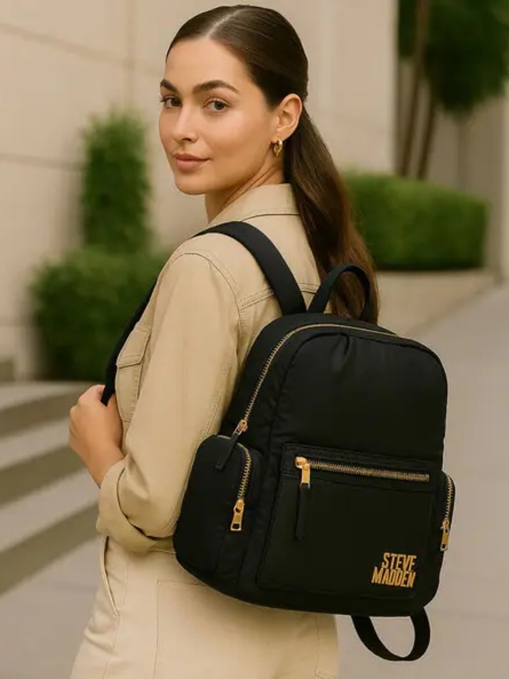 Steve Madden Black Nylon Backpack Gold Tone Zippers and Hardware